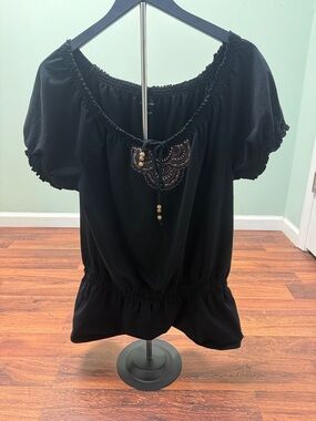 croft & barrow Black Peasant Top with Embroidered Yoke